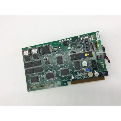 Green circuit board with black integrated circuits and yellow blue white component for e15578600a 158at master cpu ethernet card
