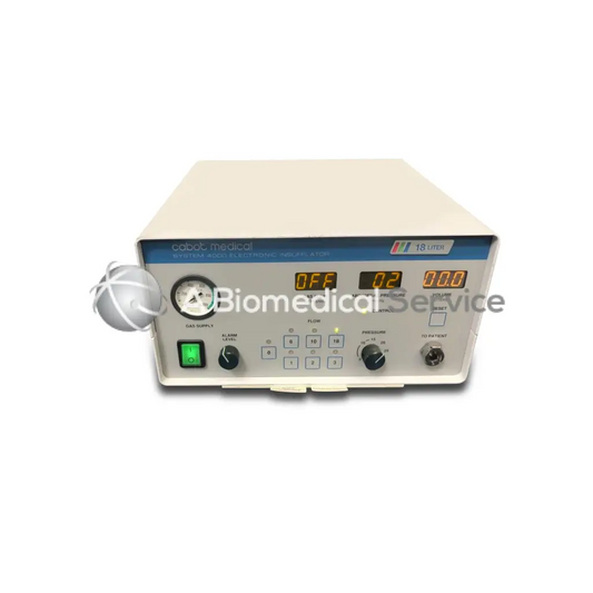 Cream-colored cabot medical sv-1804 electric sonic insufflator with blue control panel and digital displays for biomedical service