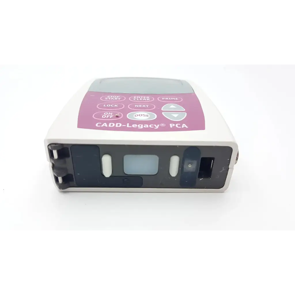White and purple cadd-legacy 6300 pump ac5-376 2923sm with digital display buttons and medication port slots