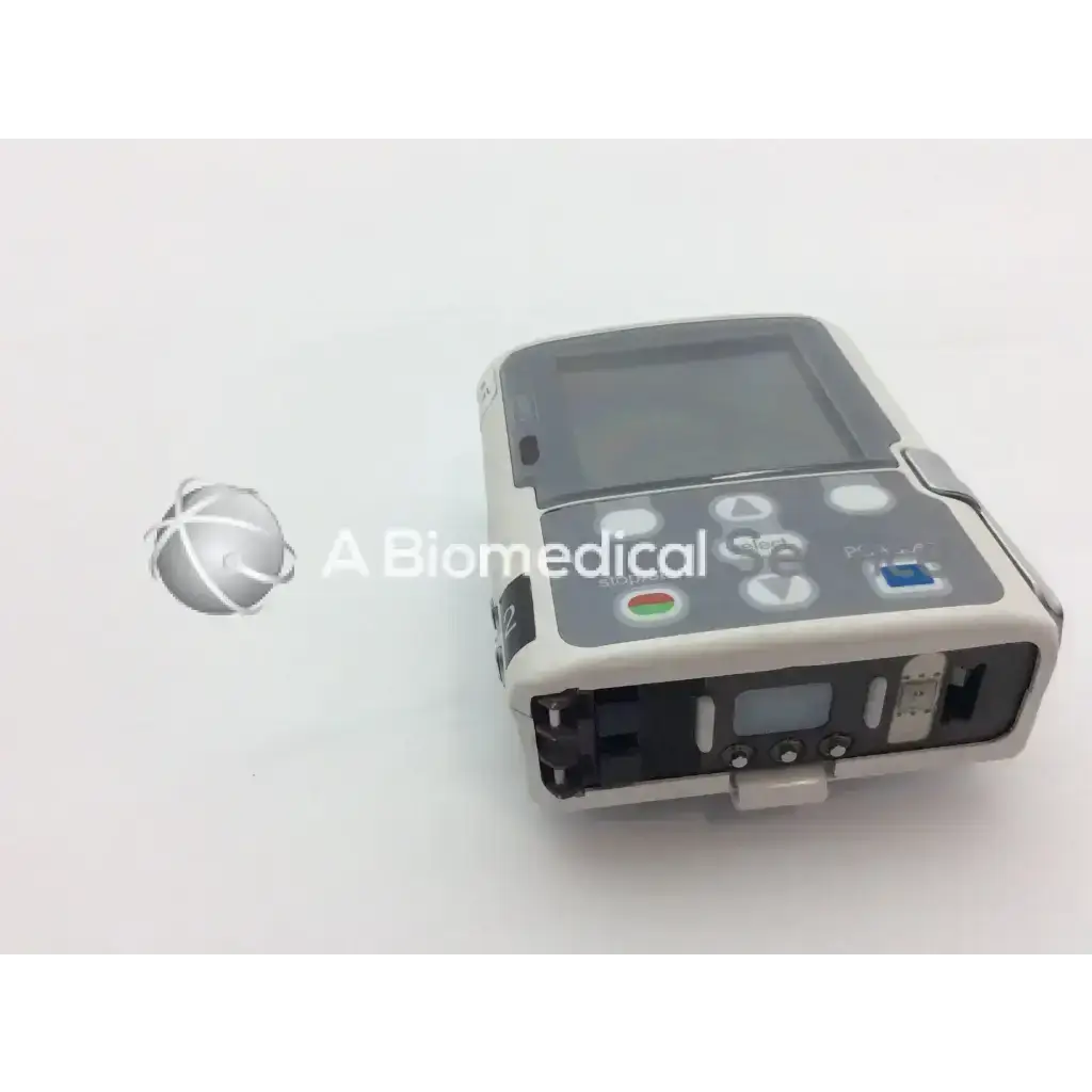 Gray and black cadd solis vip 2120 infusion pump with touchscreen display and multiple tubing ports for medical use