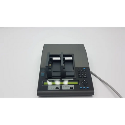 Black desktop label printer with numeric keypad and green lcd screen for cadex c7200 battery analyzer use