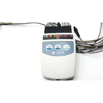 White ge cam hd medical device back with colorful labeled electrode connectors and three buttons cam14 hd collection box aha iec common