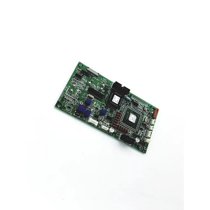 Green printed circuit board with black integrated circuits blue capacitors and central processor chip canon bh8-2205-03 board