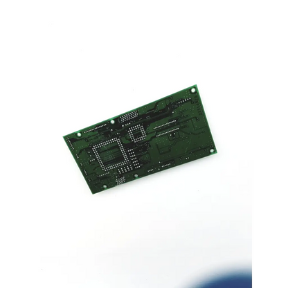 Green rectangular canon bh8-2205-03 board with black traces and silver solder points for electronic circuits
