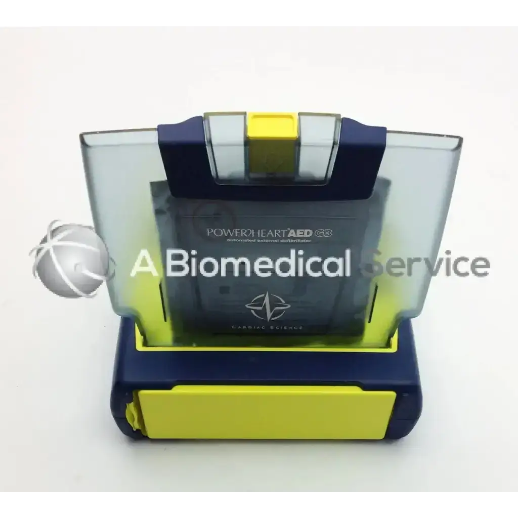 Blue and yellow cardiac science aed power heart g3 automated external defibrillator with transparent protective casing