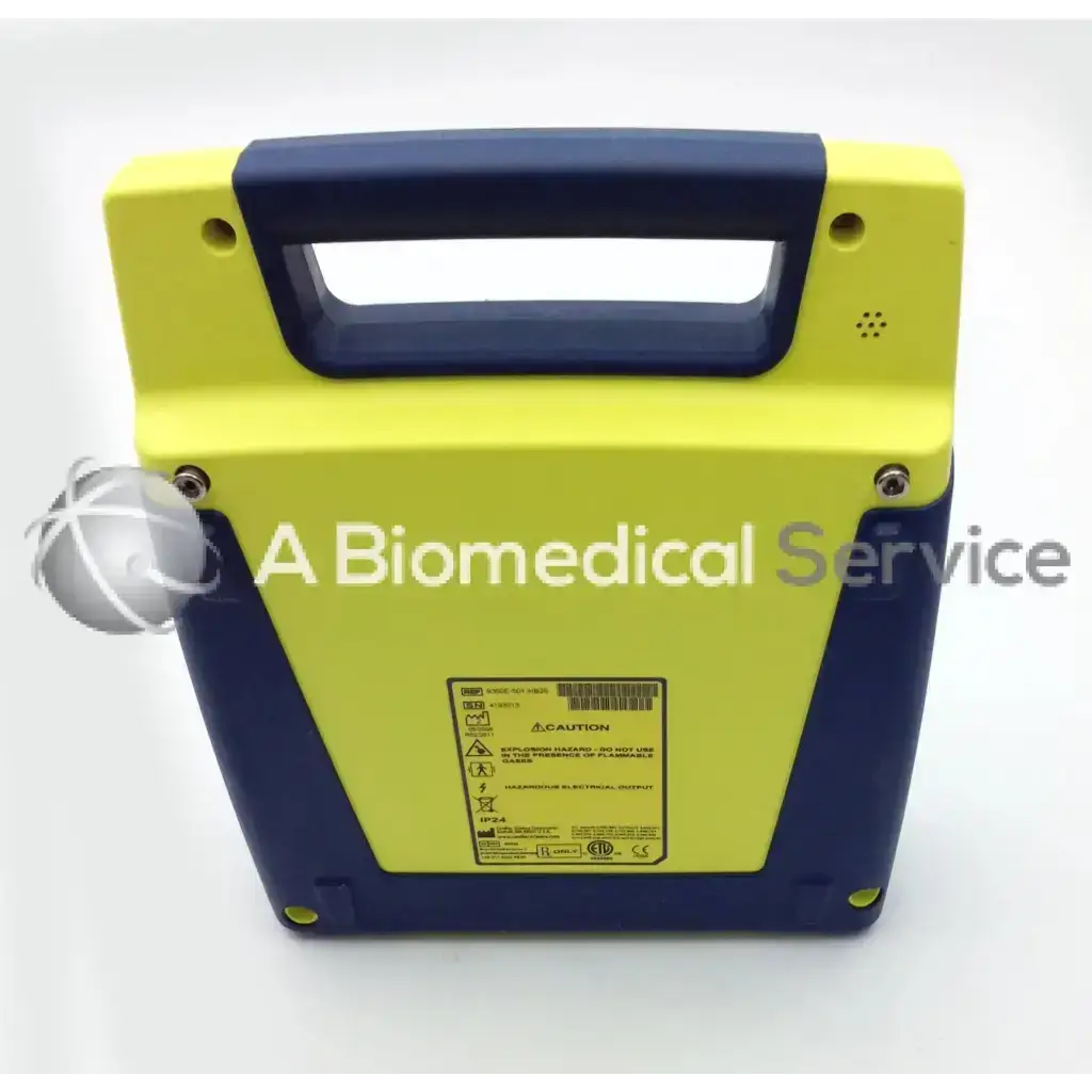 Yellow and blue portable cardiac science aed power heart g3 with sturdy handle carry case pad and battery