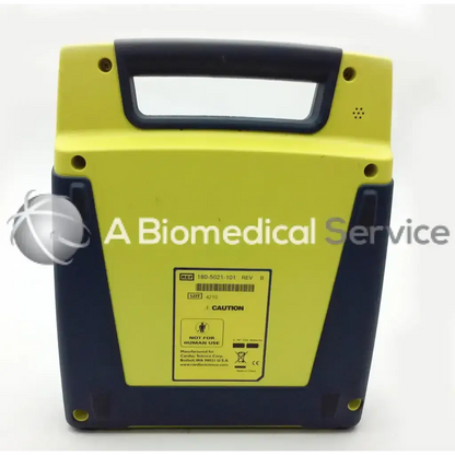 Yellow and navy blue cardiac science aed power heart g3 portable defibrillator with black handle and carry case