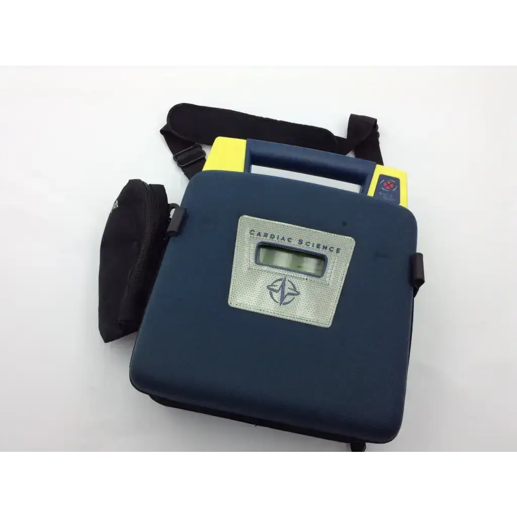 Blue and yellow cardiac science aed trainer case with silver logo plate designed for portable cardiac science aed use