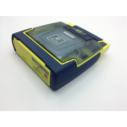 Blue and yellow cardiac science aed trainer with transparent lid includes pads and case for emergency training use