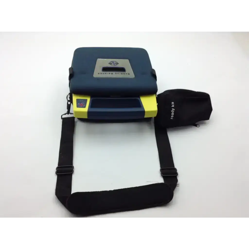 Blue and yellow cardiac science aed trainer with black carrying strap pads and case for emergency response training