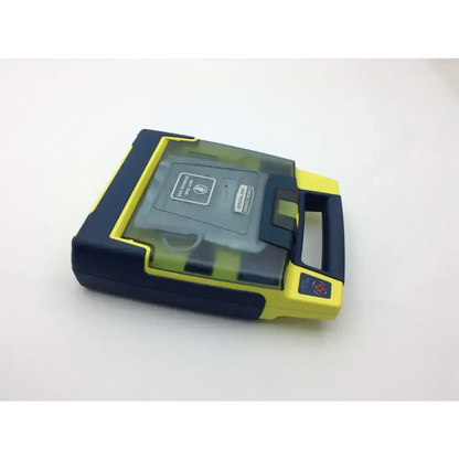Yellow and navy blue cardiac science aed trainer case with transparent lid for portable heart emergency use