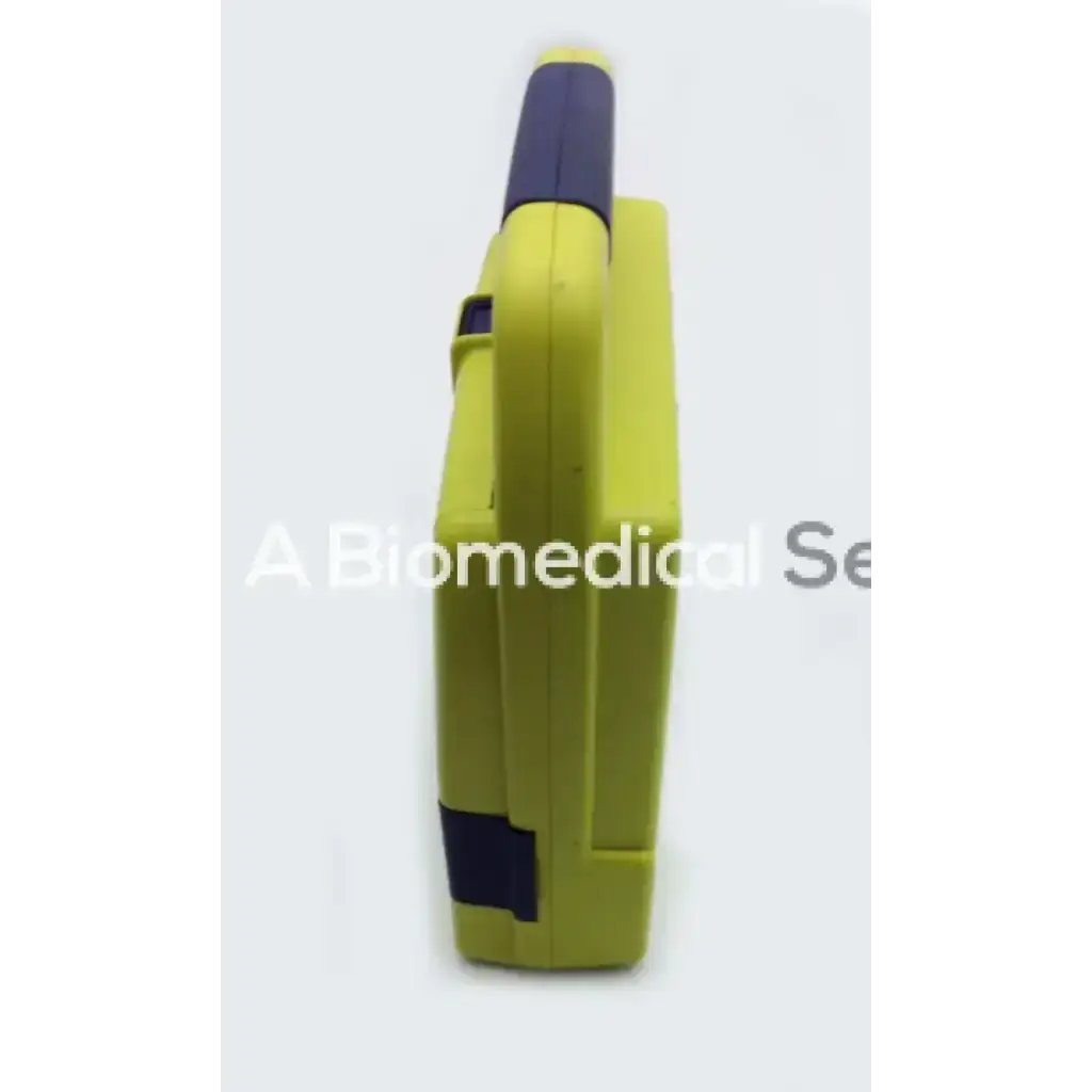 Bright yellow and dark blue plastic handheld cardiac science powerheart aed defibrillator with handle grip no battery no pads