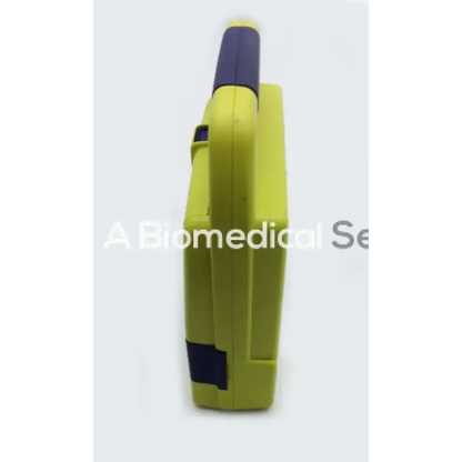 Bright yellow and dark blue plastic handheld cardiac science powerheart aed defibrillator with handle grip no battery no pads