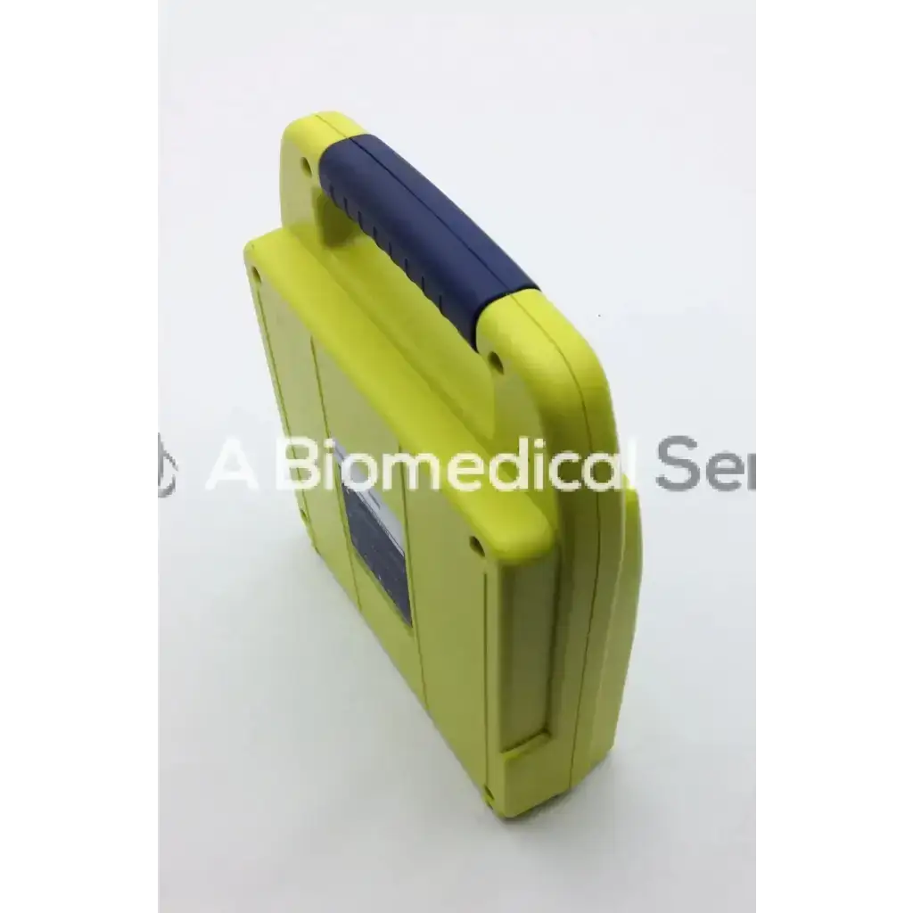 Bright yellow cardiac science powerheart aed defibrillator case with navy blue textured grip handle no battery no pads