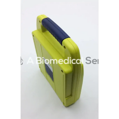 Bright yellow cardiac science powerheart aed defibrillator case with navy blue textured grip handle no battery no pads