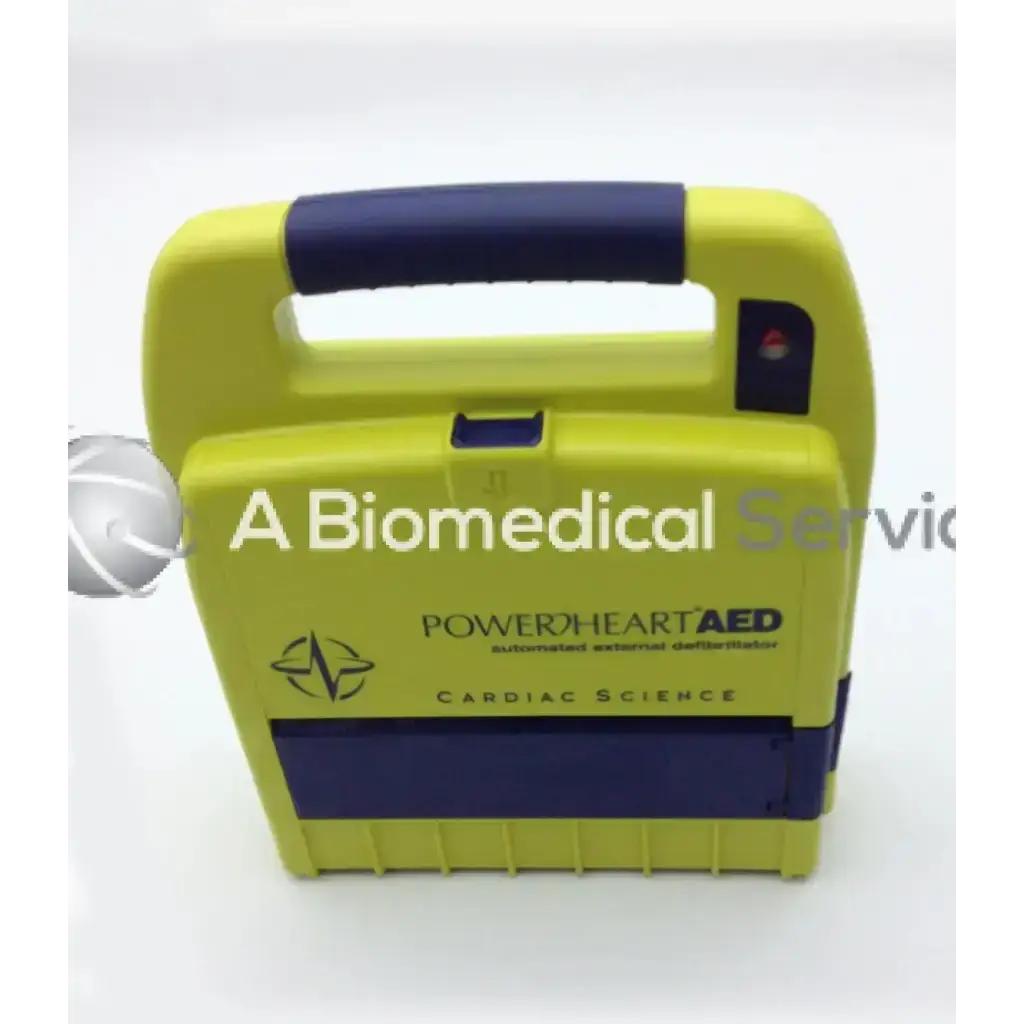 Yellow and blue cardiac science powerheart aed defibrillator without battery or pads for emergency use