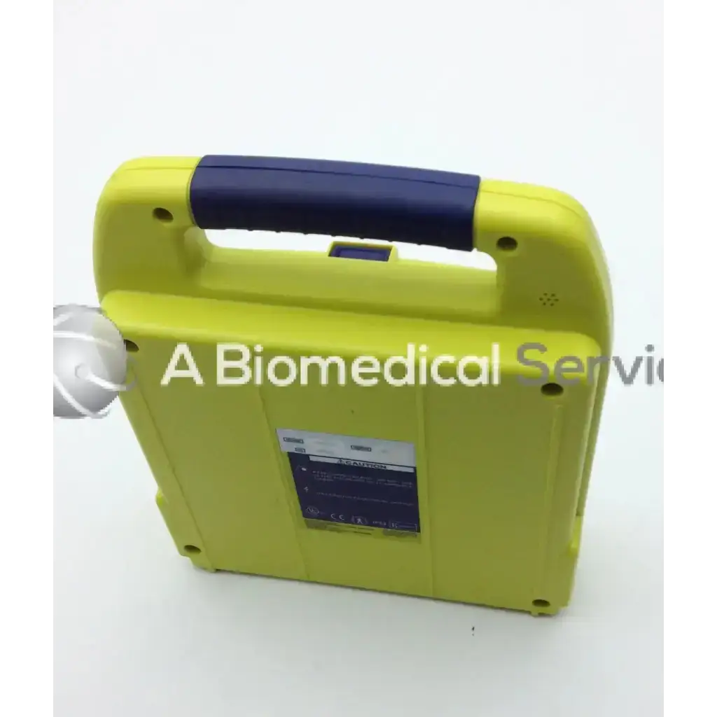 Yellow and blue portable cardiac science powerheart aed defibrillator case with sturdy handle no battery no pads