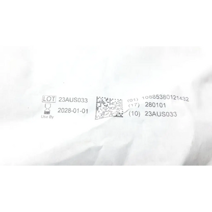 White paper label with black printed text and qr code on cardinal health arthroscopy drape convertors 9414 packaging