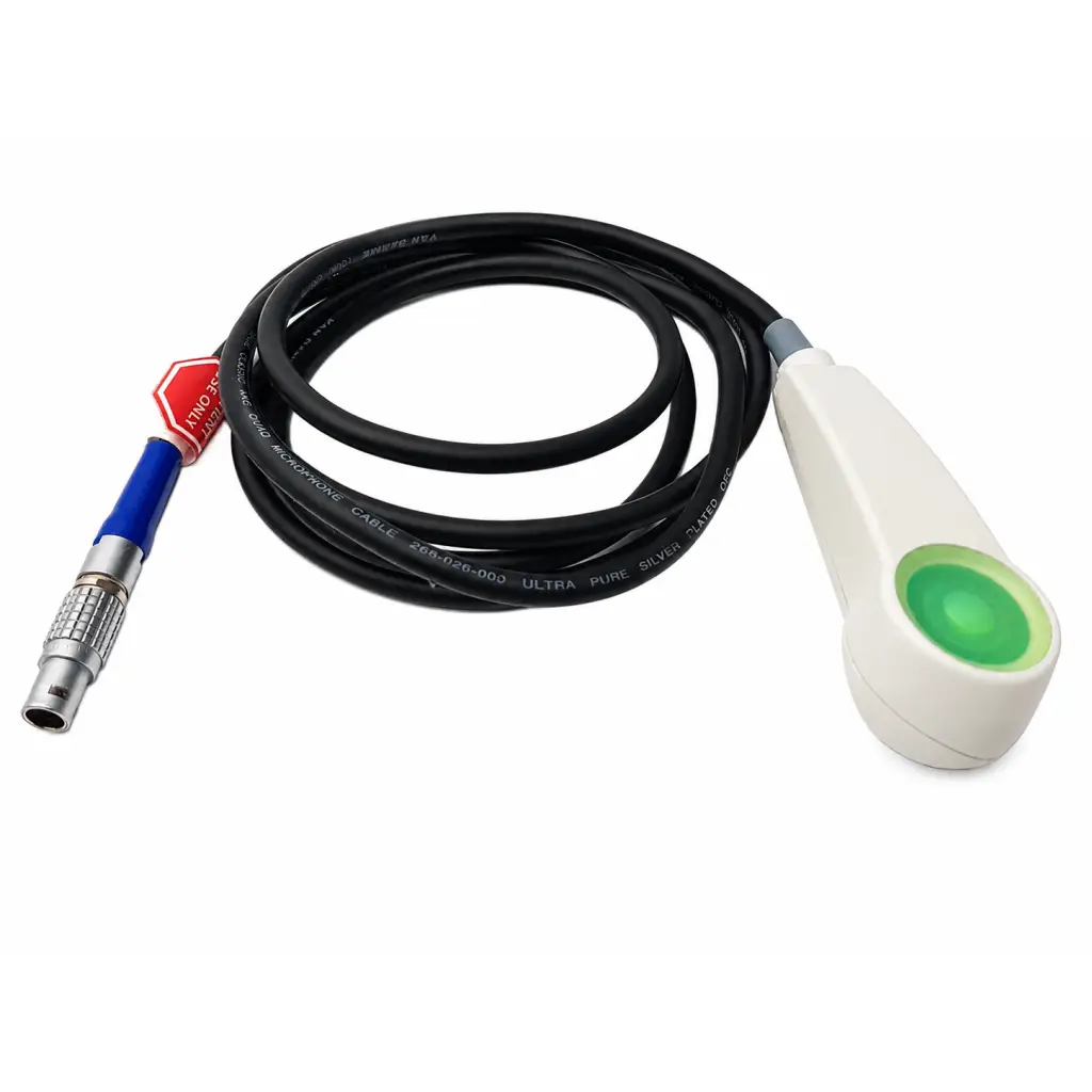 White-handled biomed certified pca dose request cord with green button and ultra pure silver plated black cable