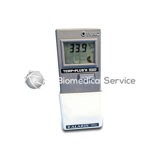 Silver digital thermometer with white base labeled temp plus ii model 2080a by iva and alaris for carefusion alaris biomedical service