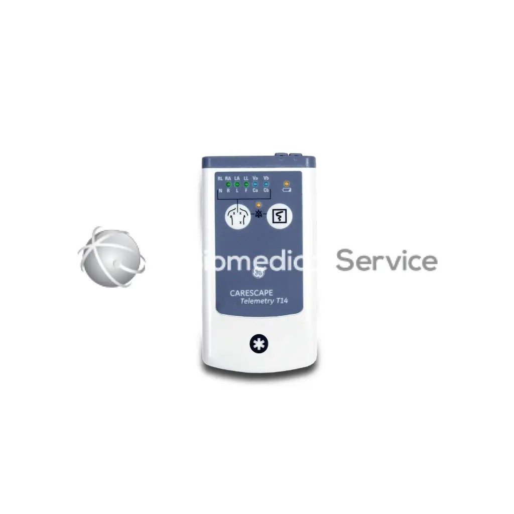 White and blue carescape telemetry t14 medical device with digital display indicator lights and control buttons