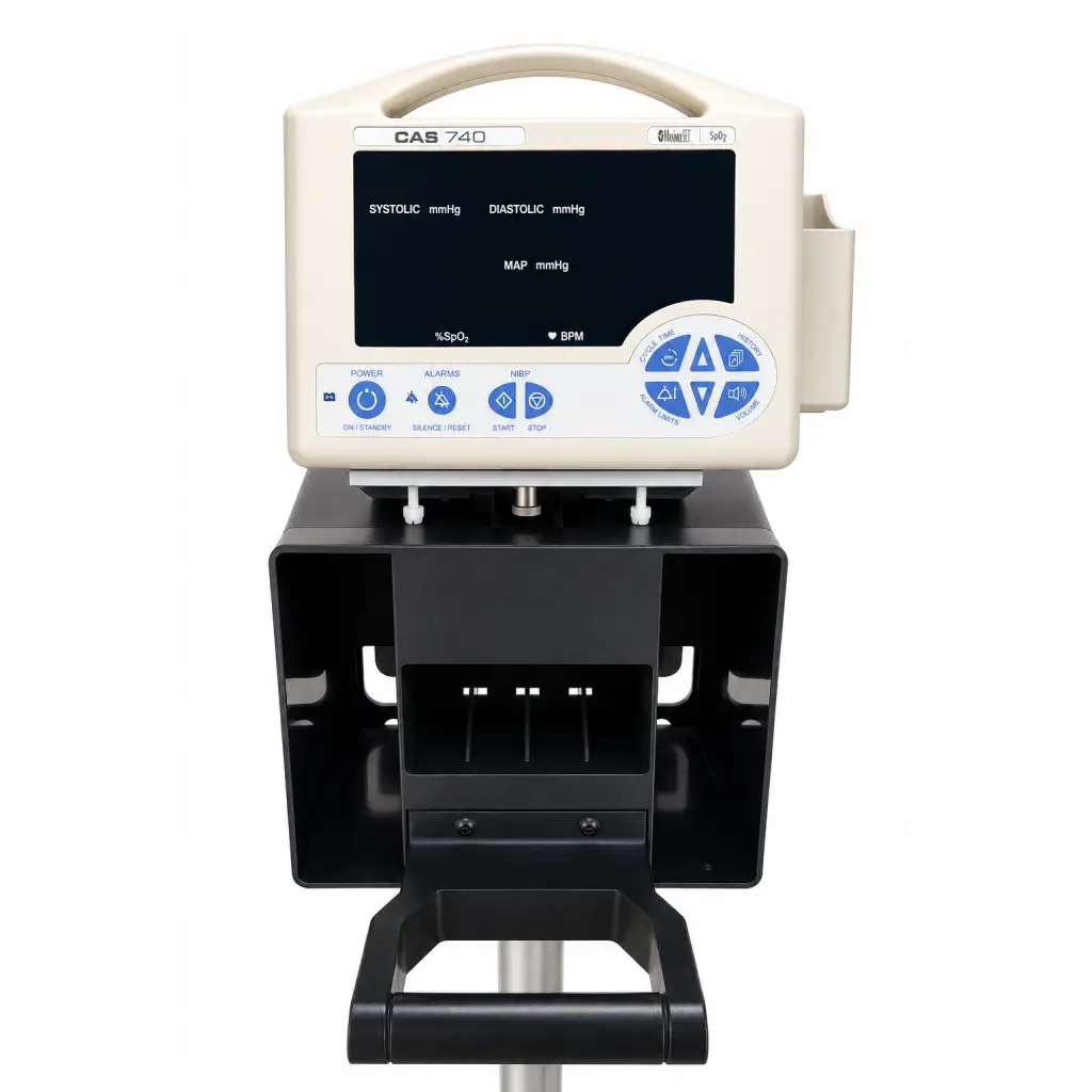 Cream-colored CAS 740 vital signs monitor with black base handle and blue-lit screen showing SpO2 on a rolling stand
