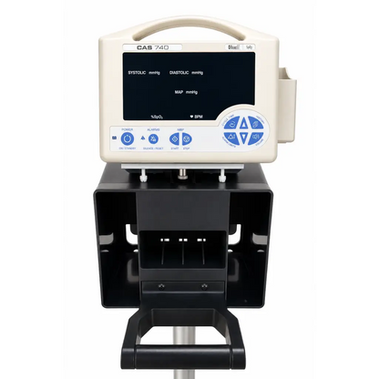 Cream-colored CAS 740 vital signs monitor with black base handle and blue-lit screen showing SpO2 on a rolling stand