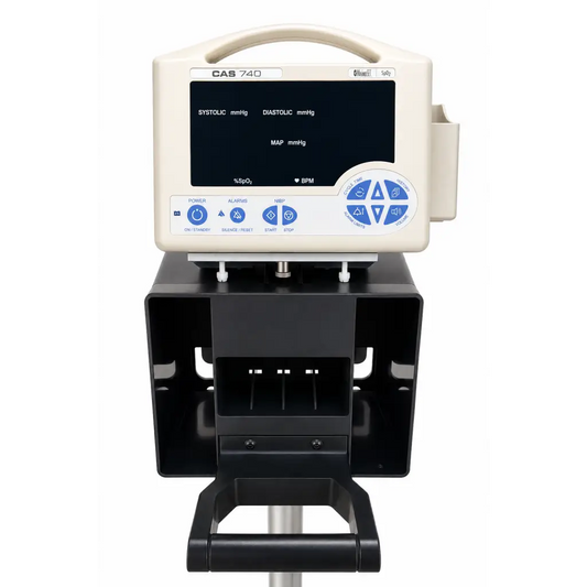 Cream-colored CAS 740 vital signs monitor with black base handle and blue-lit screen showing SpO2 on a rolling stand