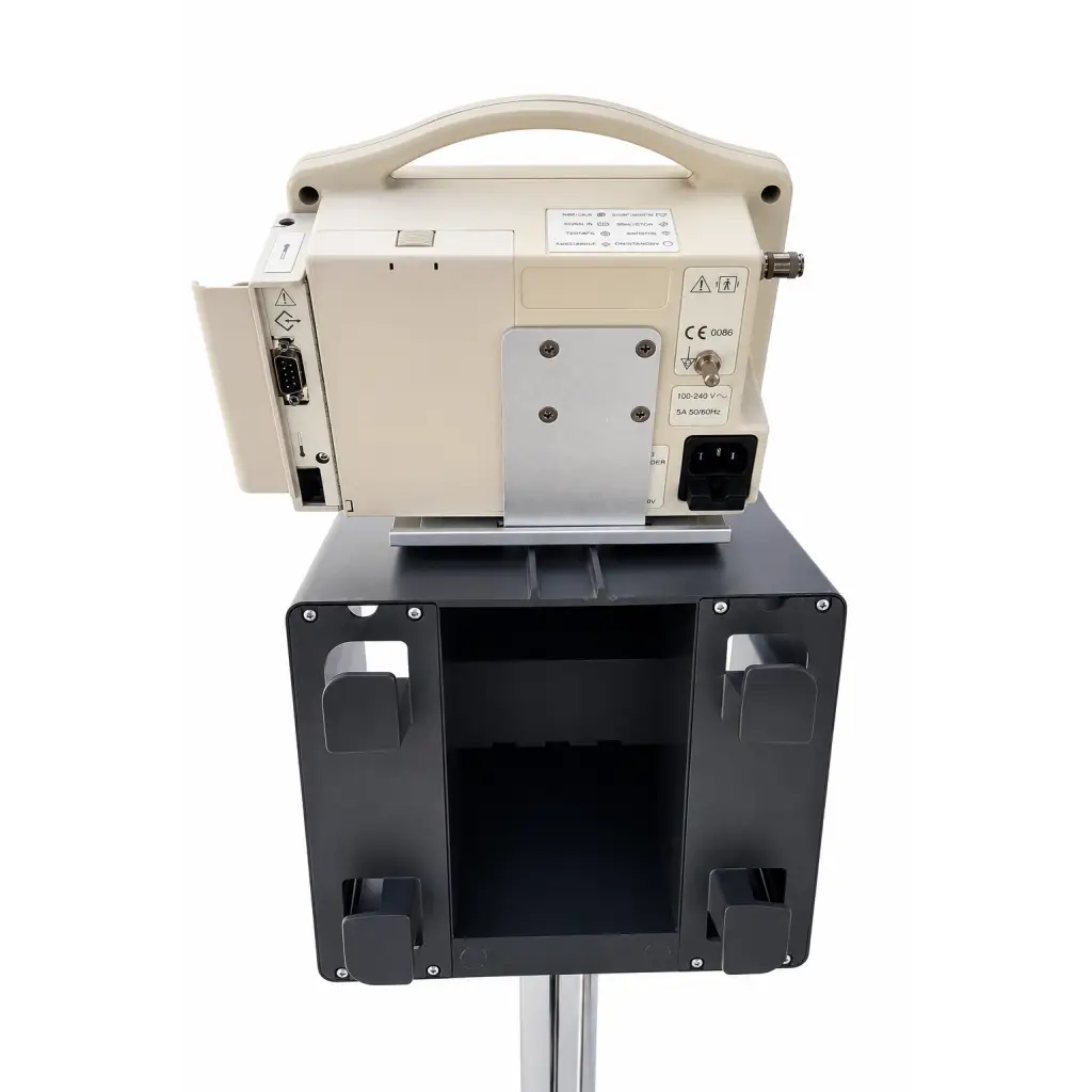 Beige cas 740 vital signs monitor with masimo set spO2 silver plate and black power port mounted on black rolling stand