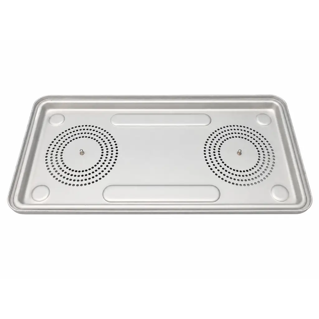 Silver rectangular case medical dual-filter sterilization container lids with circular perforations biomed certified