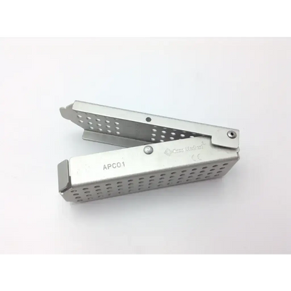 Silver metallic case medical meditray surgical instrument with perforated design and engraved markings for meditray case trays