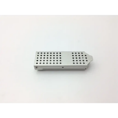 Silver metallic rectangular medical meditray case tray with circular perforations and angled end cap for case medical meditray