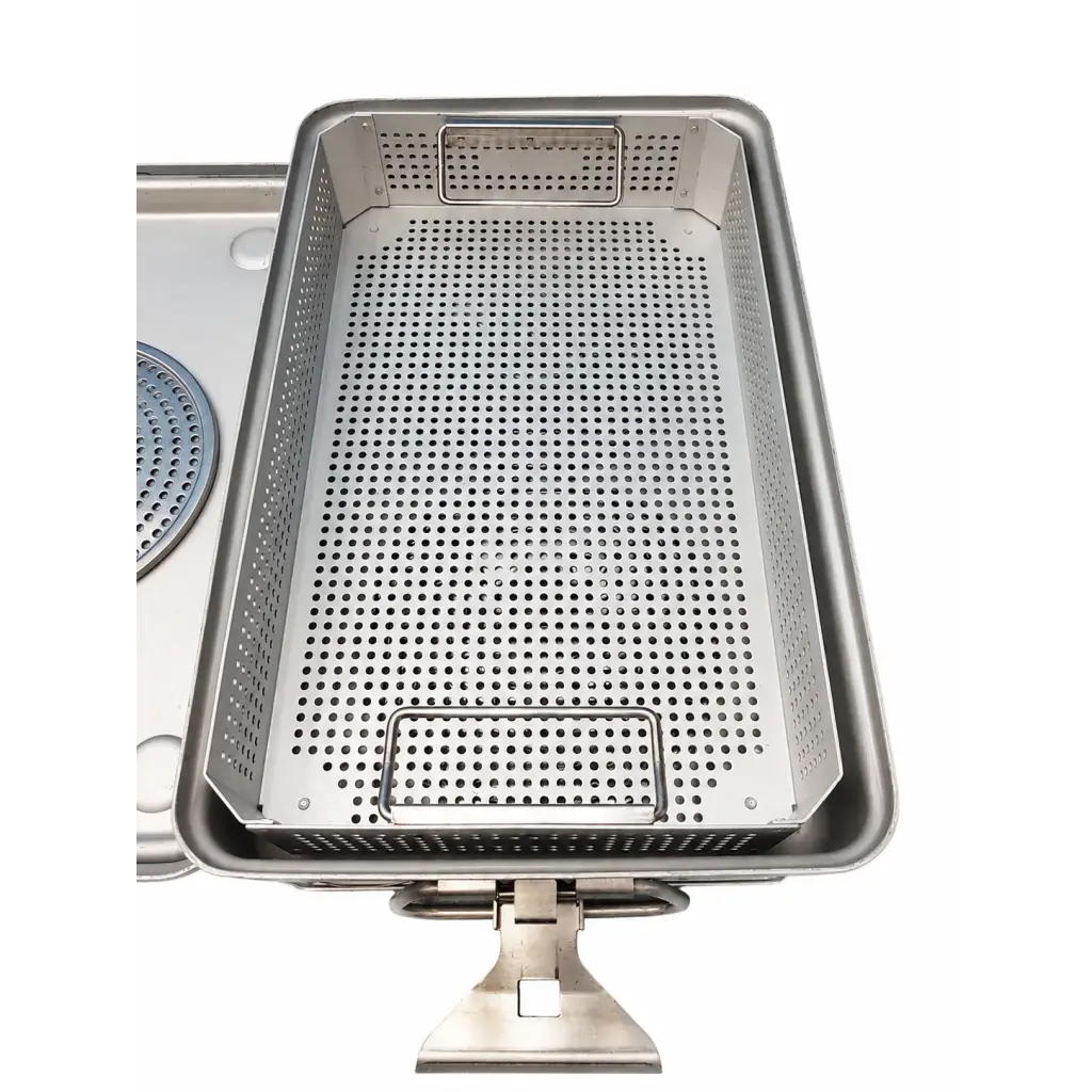 Case medical sterilization container with stainless steel perforated basket and reinforced hinged base handles