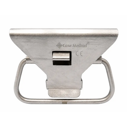 Stainless steel case medical sterilization container with perforated basket and integrated handle for patient transfer