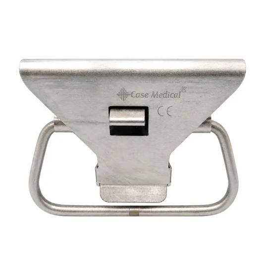 Stainless steel case medical sterilization container with perforated basket and integrated handle for patient transfer
