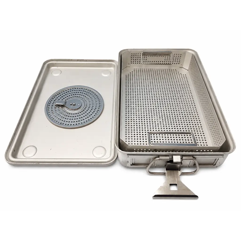 Stainless steel case medical sterilization container with perforated basket and circular grid insert for medical use
