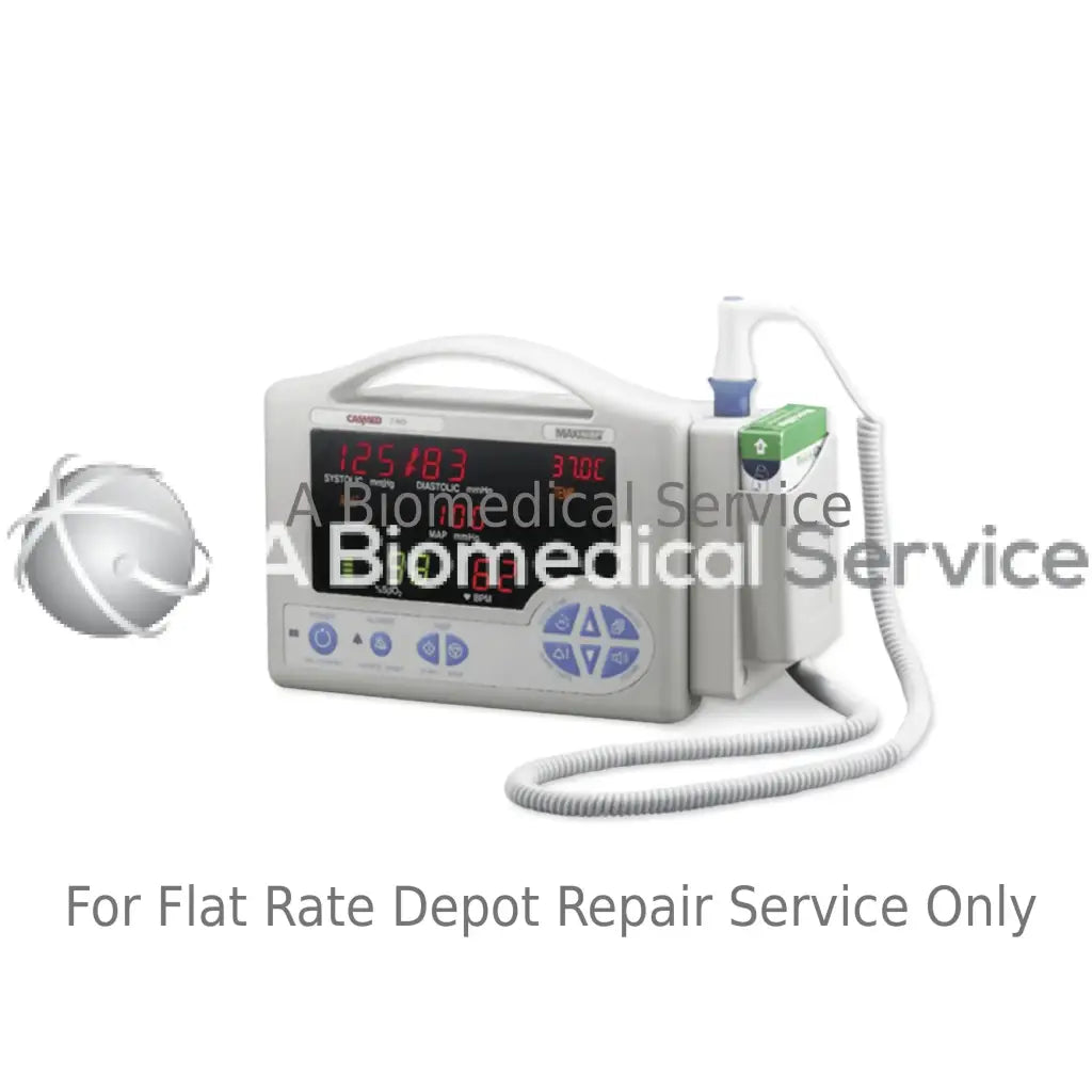 White casmed 740 vital signs monitor with digital display and green masimo sensor attachment for medical equipment repair service