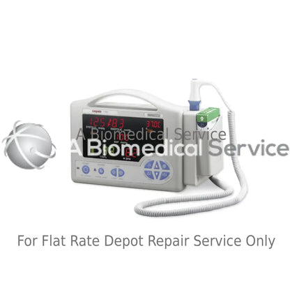 White casmed 740 vital signs monitor with digital display and green masimo sensor attachment for medical equipment repair service