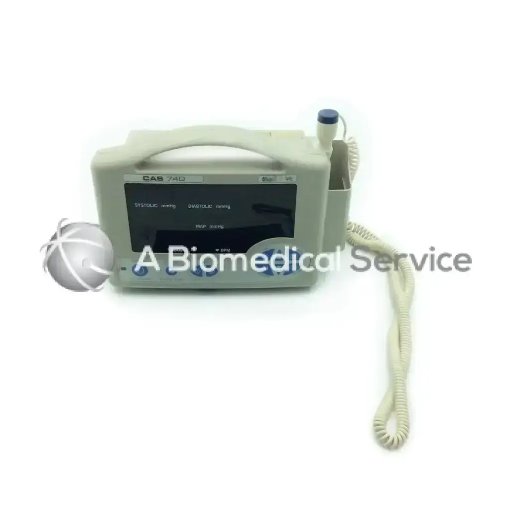 Beige casmed cas 740 portable vital signs monitor with digital display and coiled cable for cardiac monitoring