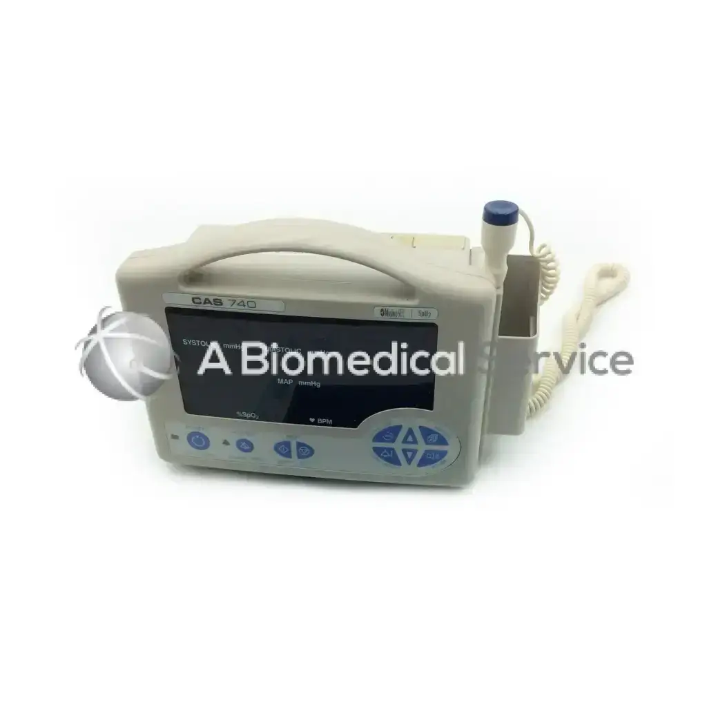 Beige casmed cas 740 portable vital signs monitor with touchscreen display and blue control buttons for cardiac monitoring