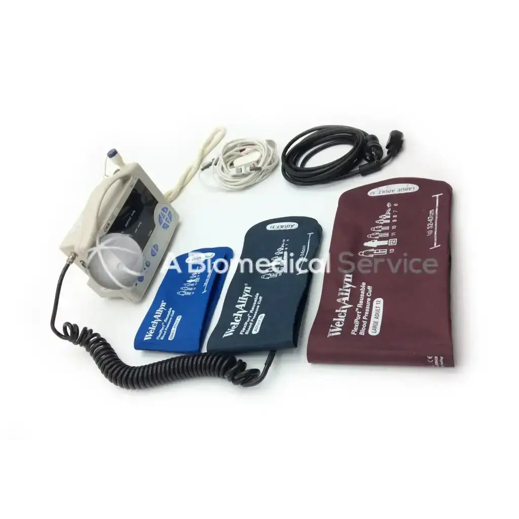 Weldyallyn blood pressure monitor kit with beige digital cuff unit, blue and black inflatable cuffs, and maroon reusable vital signs cuff