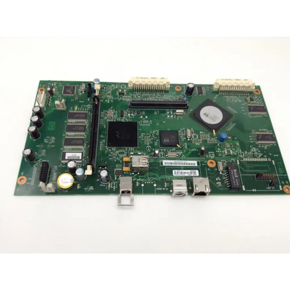 Green circuit board with black and silver components capacitors connectors and central processor chip for cb425-60001 laserjet m4345mfp m4345