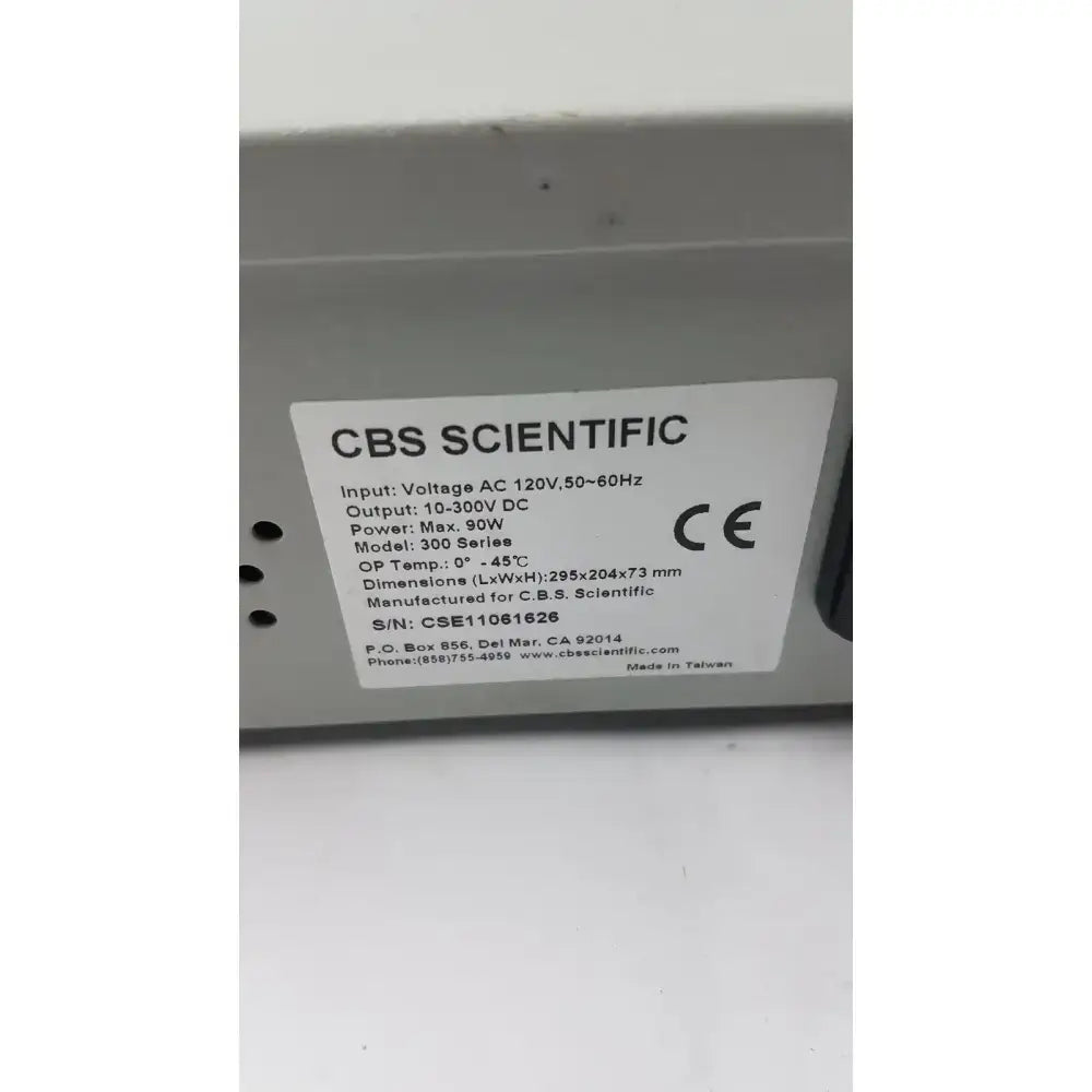 Gray plastic electrophoresis power supply unit by cbs scientific with white label showing technical specifications