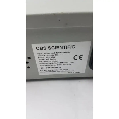 Gray plastic electrophoresis power supply unit by cbs scientific with white label showing technical specifications