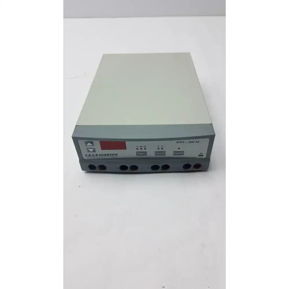 Gray rectangular c.b.s. scientific eps-300 iiv 300v electrophoresis power supply with red digital display and multiple input ports
