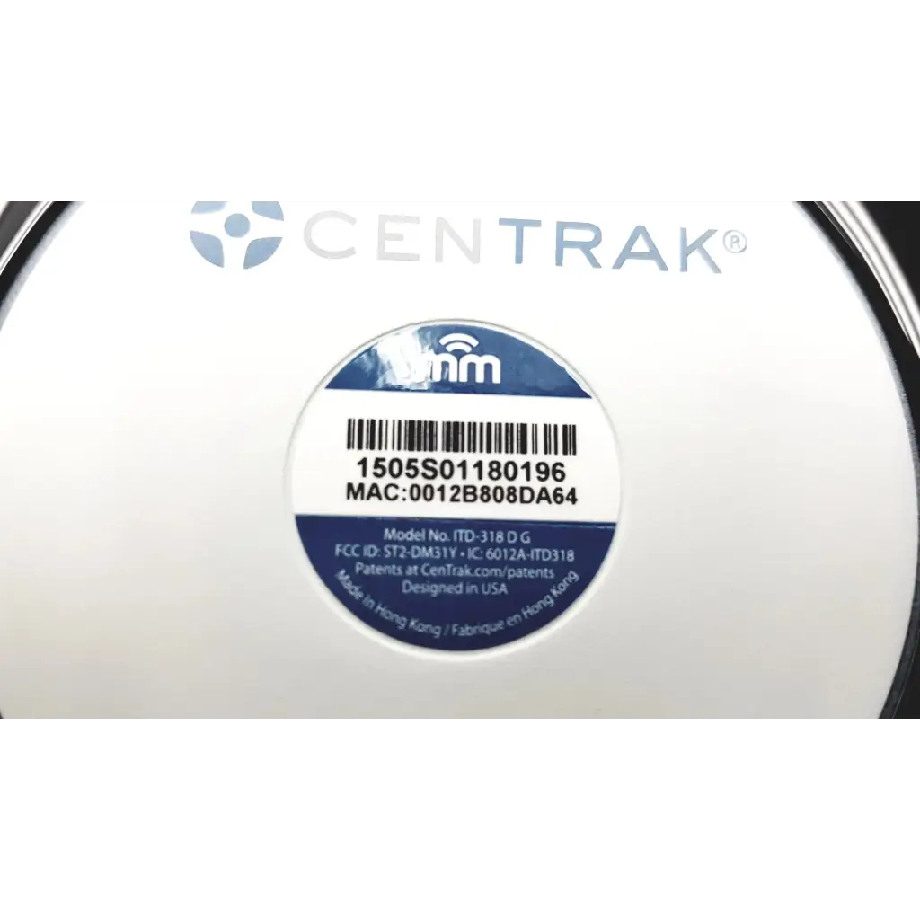 White centrak mm itdk-318 wireless monitor with circular label showing model number and fcc id