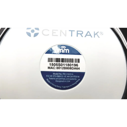 White centrak mm itdk-318 wireless monitor with circular label showing model number and fcc id