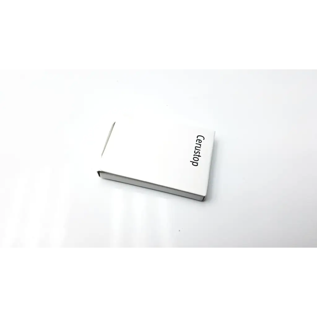 White rectangular box of cerustop wax guards with cerustop printed in black for hearing aid protection