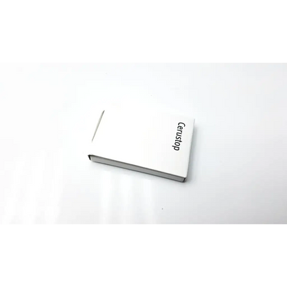 White rectangular box of cerustop wax guards with cerustop printed in black for hearing aid protection