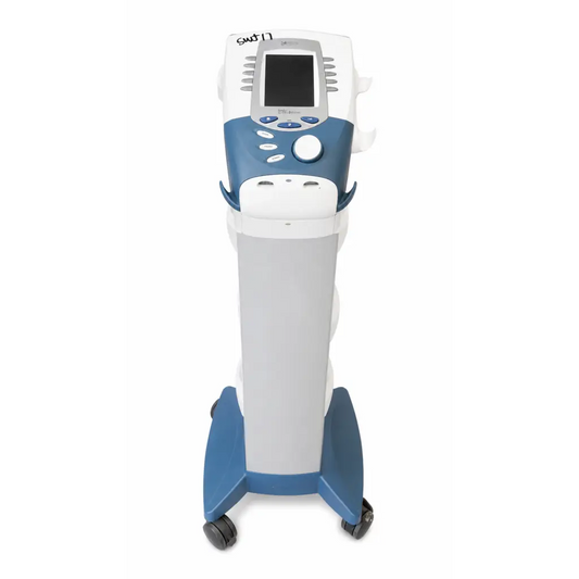 Blue and white Chattanooga Vectra Genisys 2761 therapy system with touchscreen ultrasound applicator biomed certified on wheels